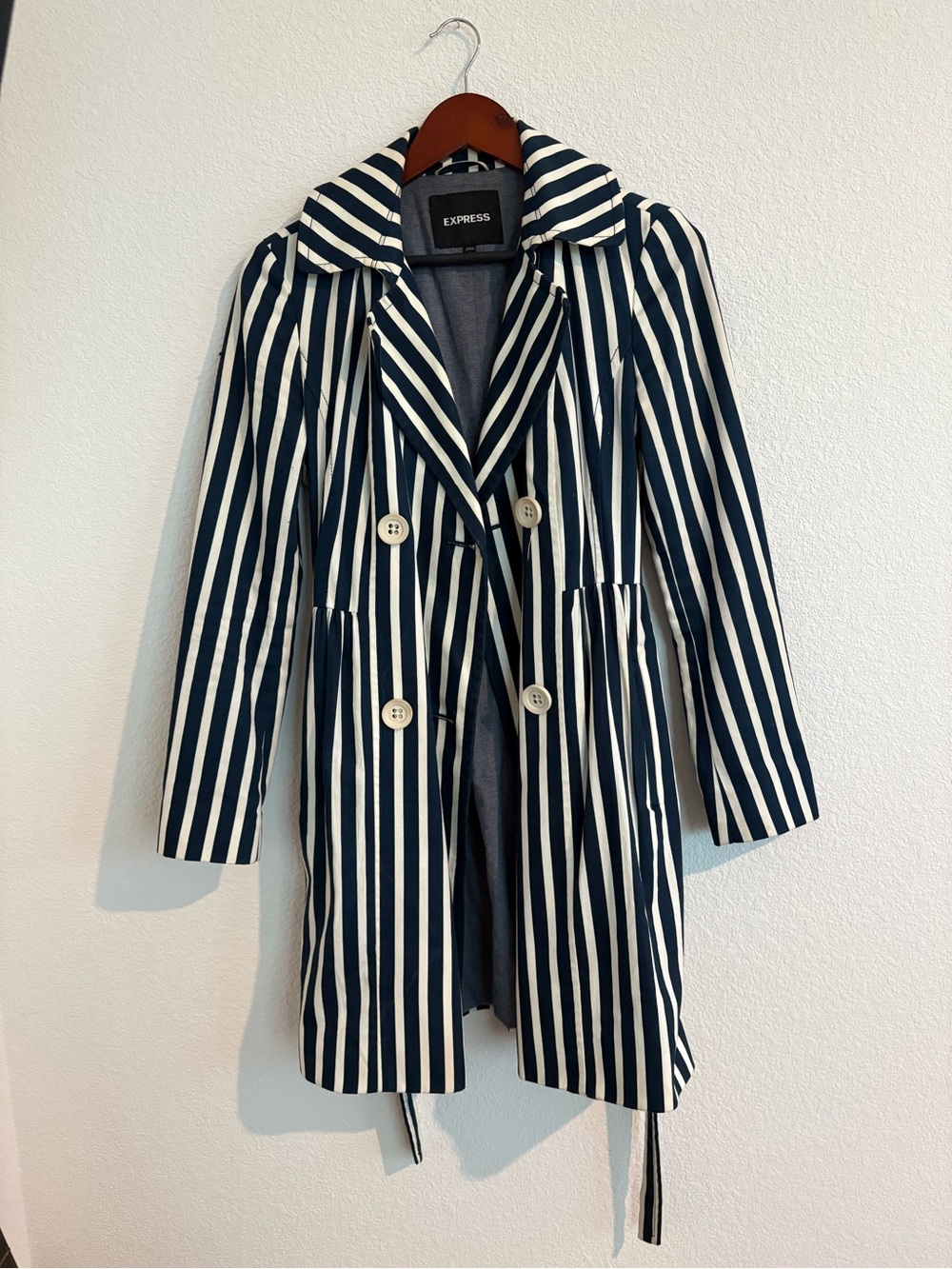 Express Women's Navy & White Striped Trench Coat - Size Small - Picture 3 of 4